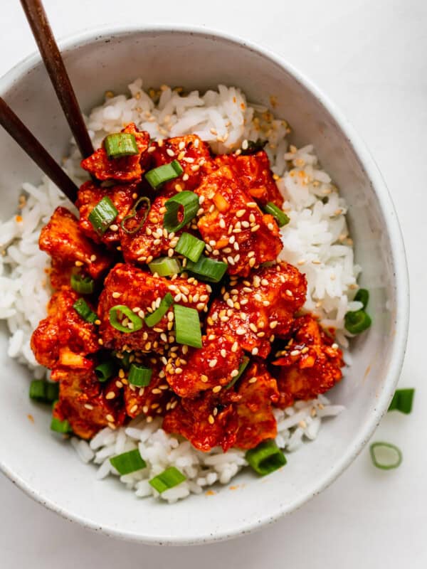 gochujang Tofu in a bowl on rice