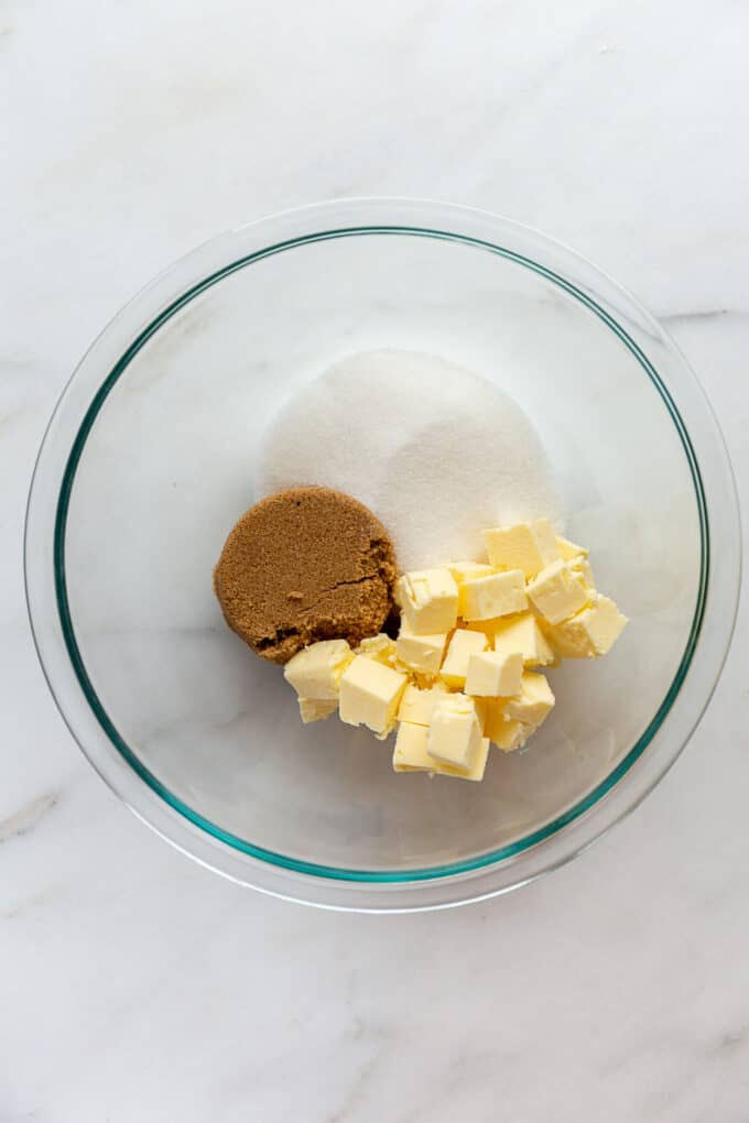 butter, brown sugar and white sugar in a bowl