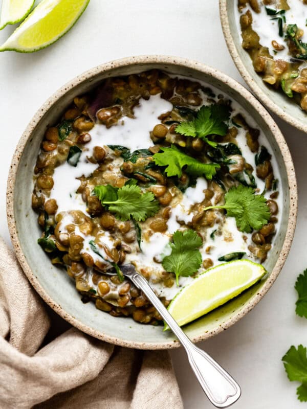 a bowl of green lentil curry with cilantro on top