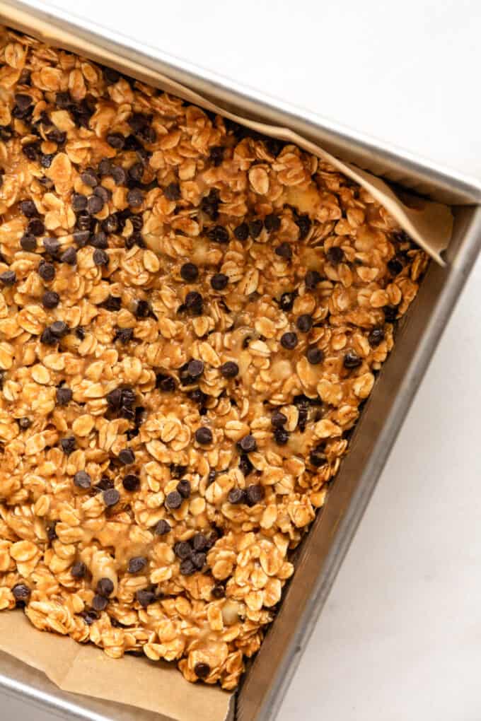 unbaked banana oatmeal bars in a baking dish