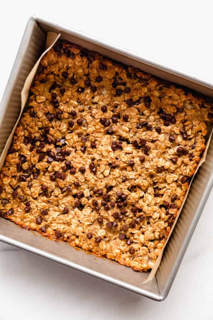 baked banana oatmeal bars in a baking dish