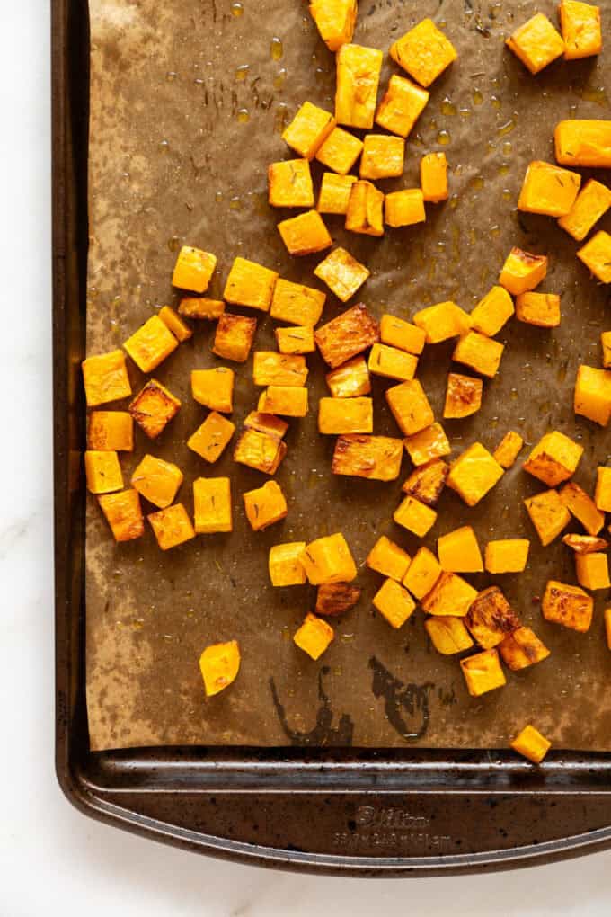 roasted butternut squash on a baking sheet