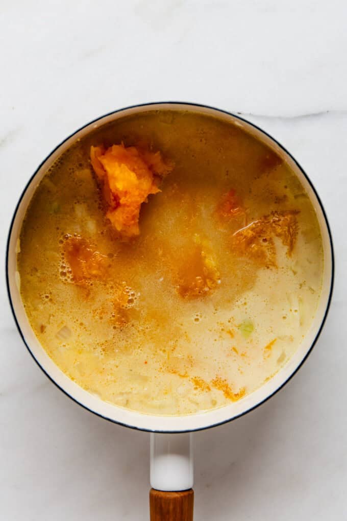 Broth, butternut squash and spices in a white pot
