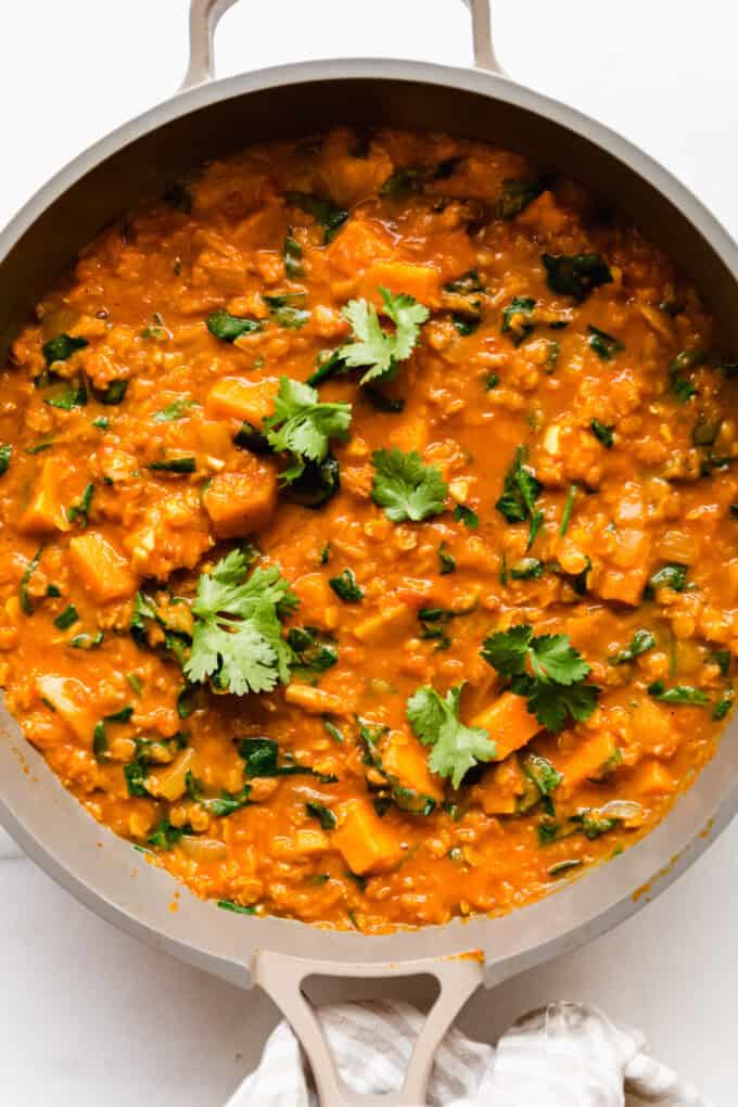 A pan of sweet potato lentil curry