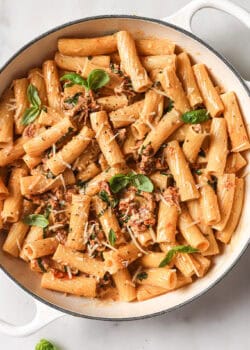 a pot of rigatoni in sundried tomato sauce with basil