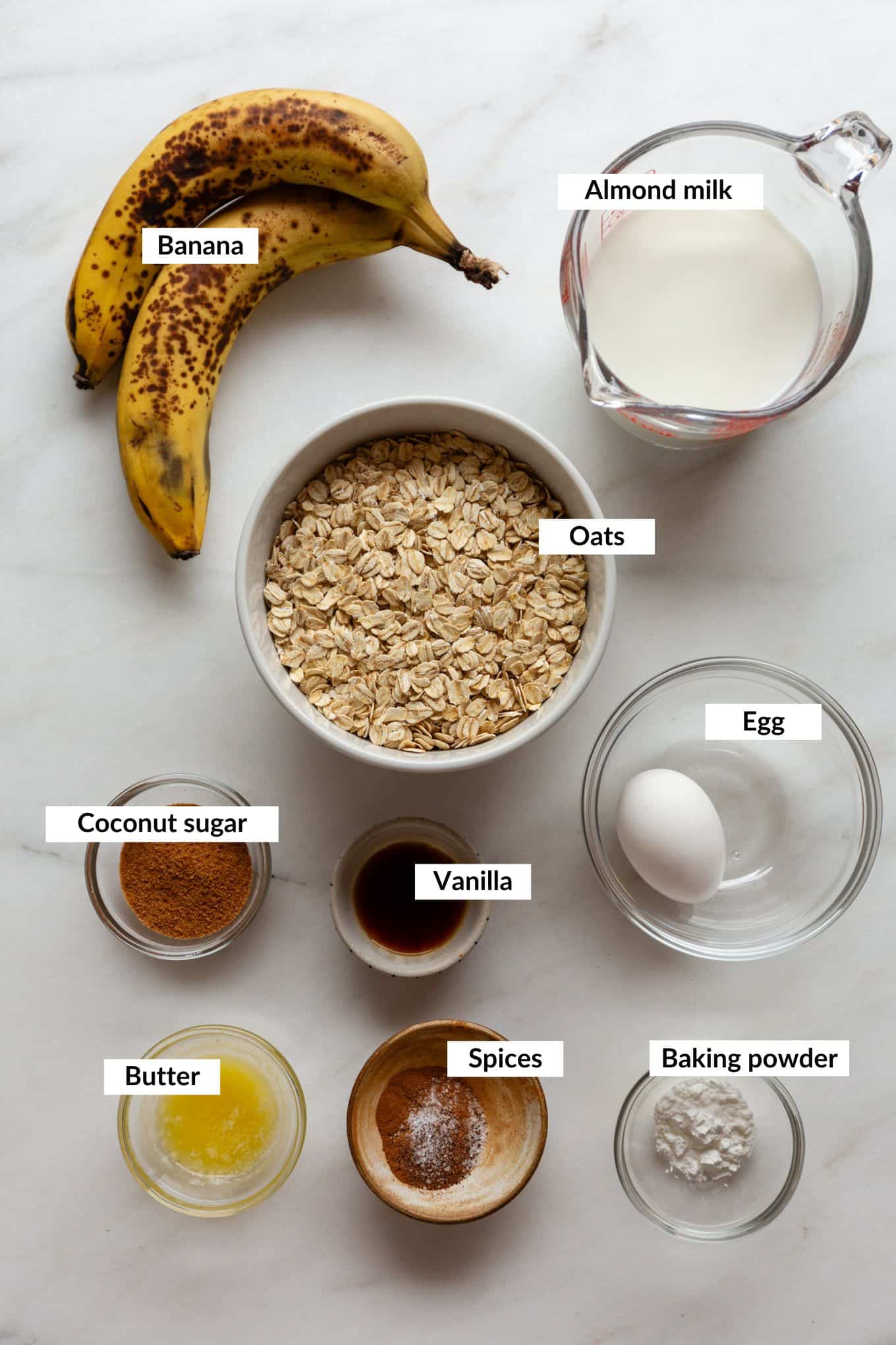 Ingredients to make banana bread baked oatmeal.