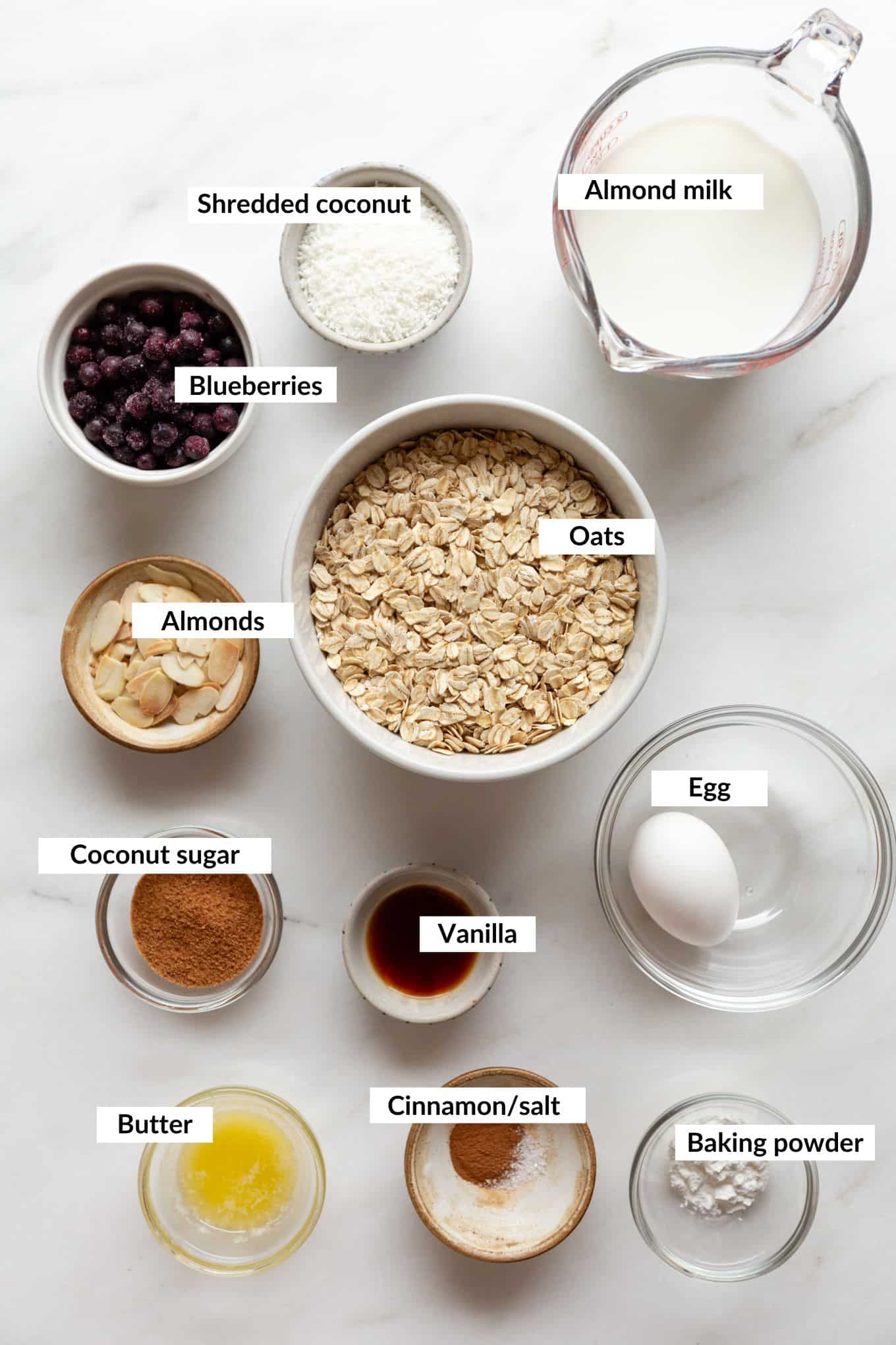 Ingredients to make blueberry baked oatmeal.