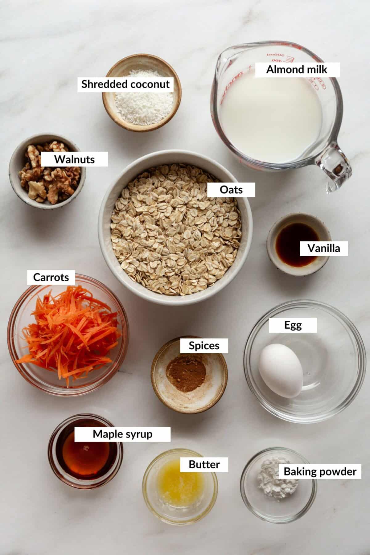 Ingredients to make carrot cake baked oatmeal.