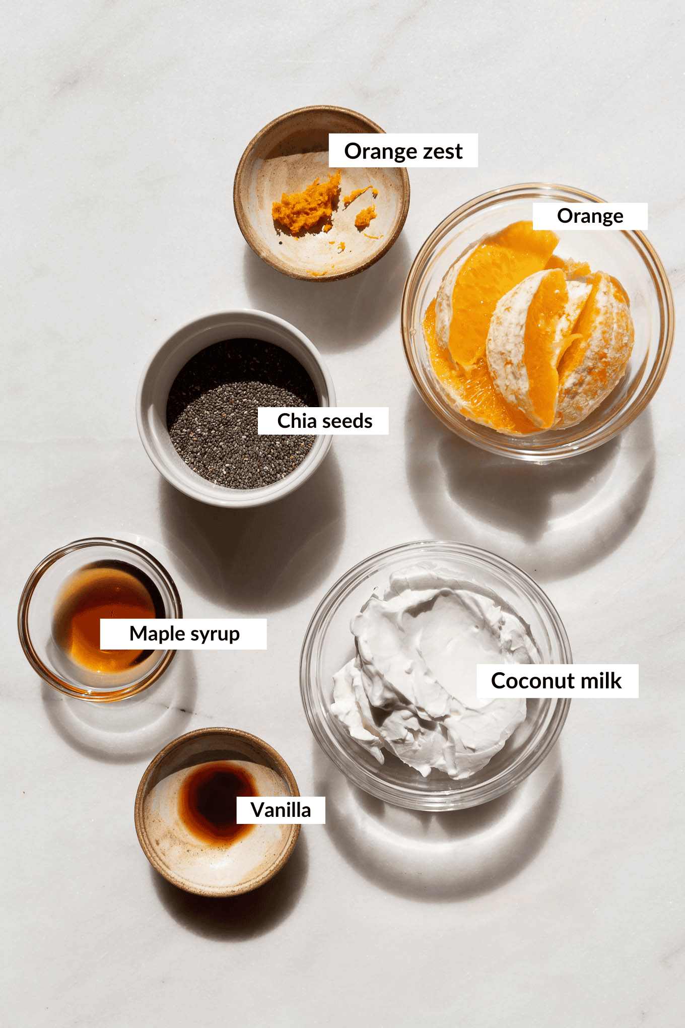 Ingredients for orange chia pudding.