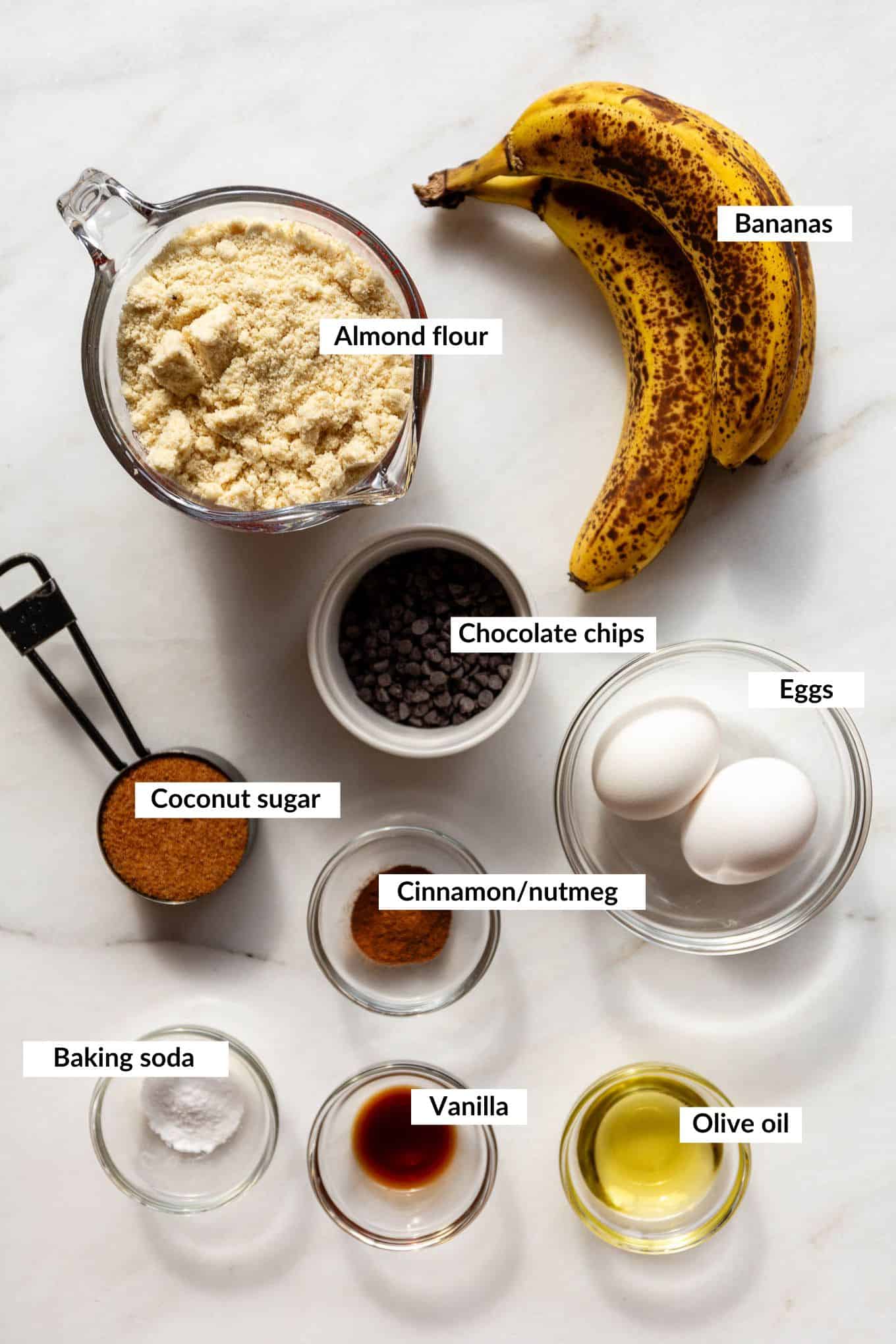 Ingredients for almond flour banana muffins.
