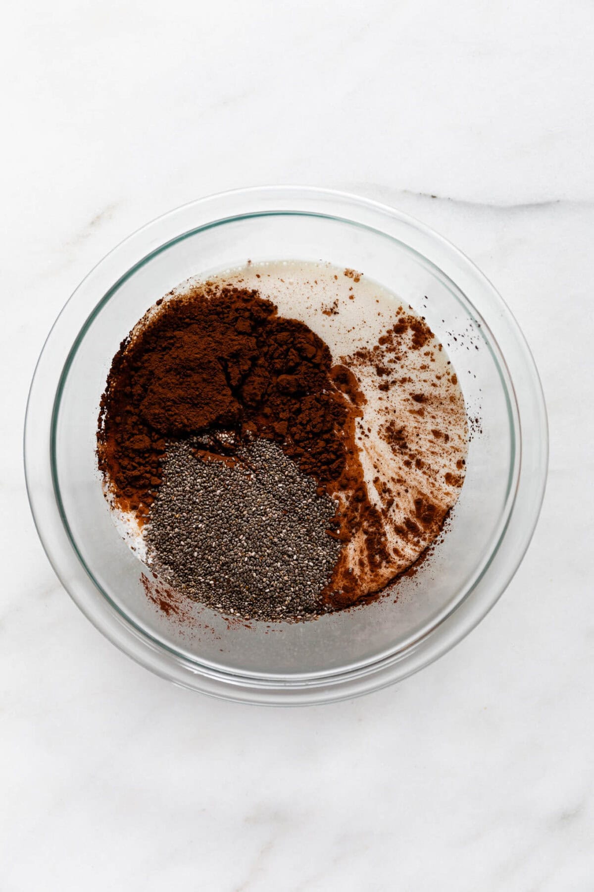 blended cottage cheese, cocoa powder and chia seeds in a mixing bowl.