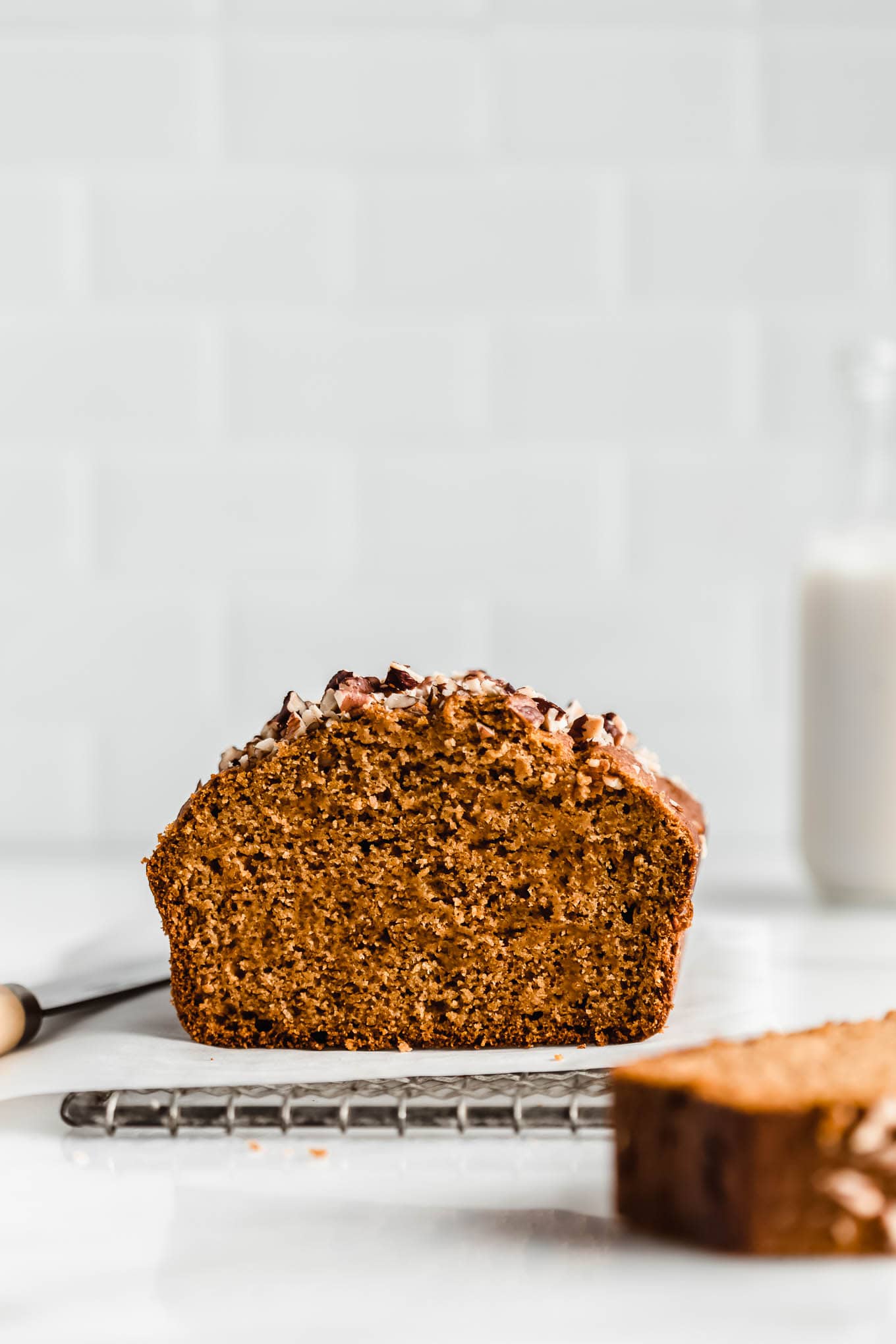 healthy pumpkin bread on a cooling rack.