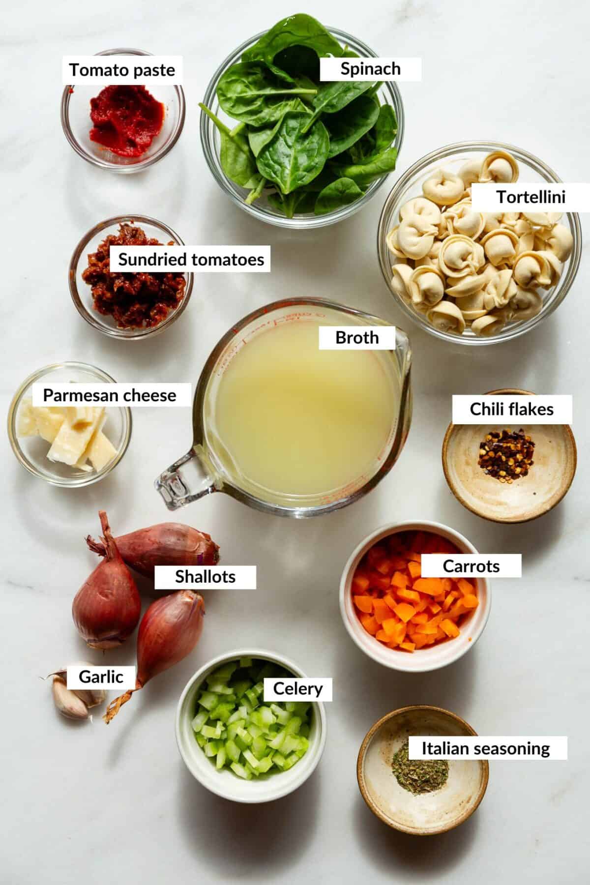 Ingredients for Tuscan Tortellini Soup.